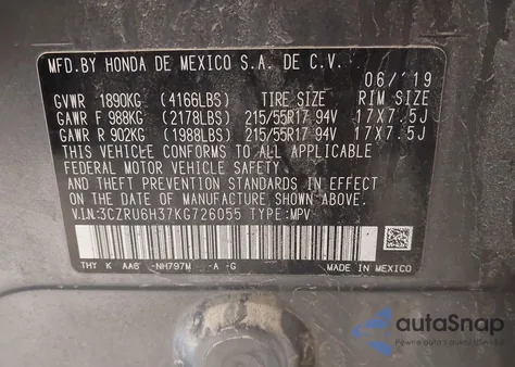 2019 Honda Hr-V Lx z USA, uszkodzony, nr VIN 3CZRU6H37KG726055